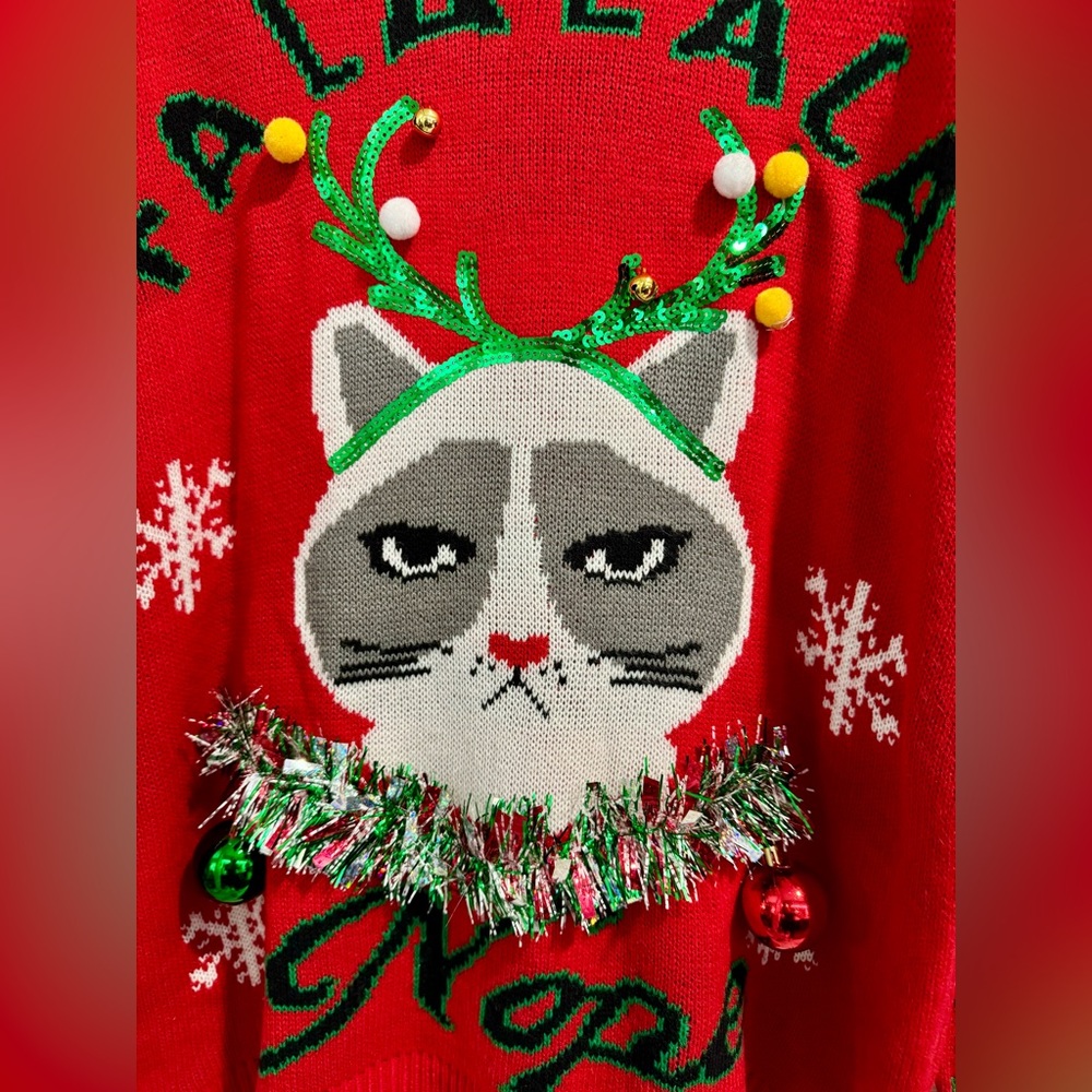 No Boundaries Ugly Christmas Sweater. Cat w/Jingle Bells. Size XXL (19). Red. - Picture 2 of 5
